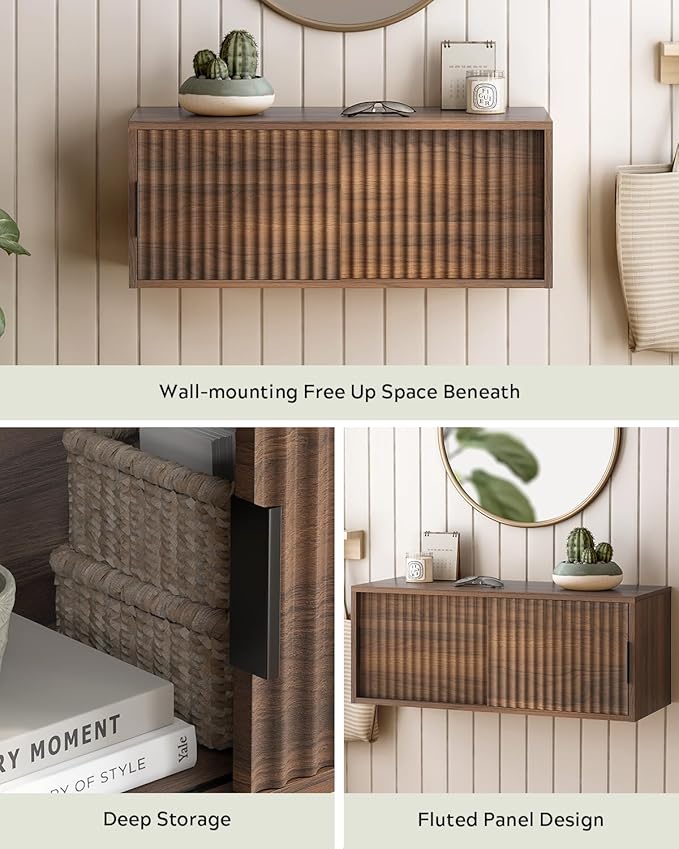 Floating Nightstand with Sliding Doors, Modern Fluted Large Night Stand Storage - Image 4