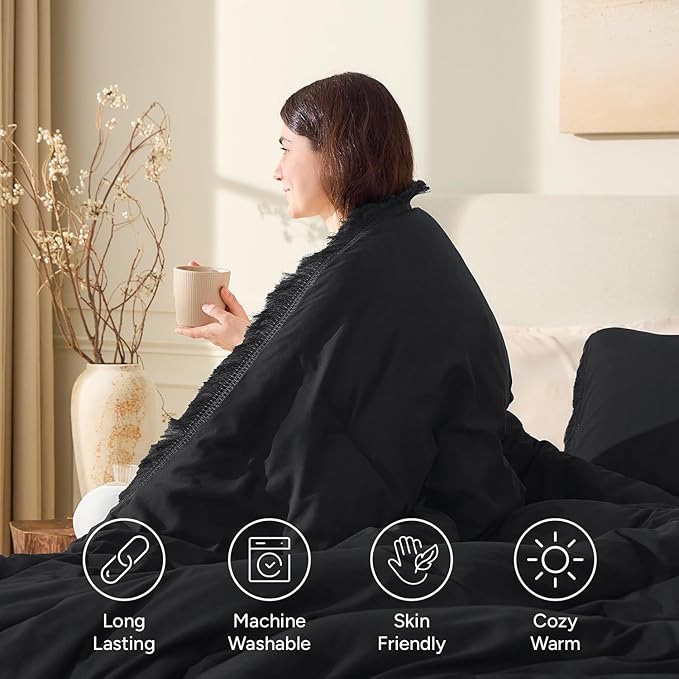 Andency Black Comforter Set Full Size, 3 Pieces Boho Tassel Lightweight Bedding - Image 4