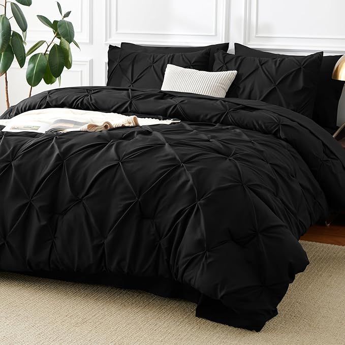 CozyLux King Size Comforter Set Black, 7 Pieces Pintuck Bed in A Bag Black by CozyLux