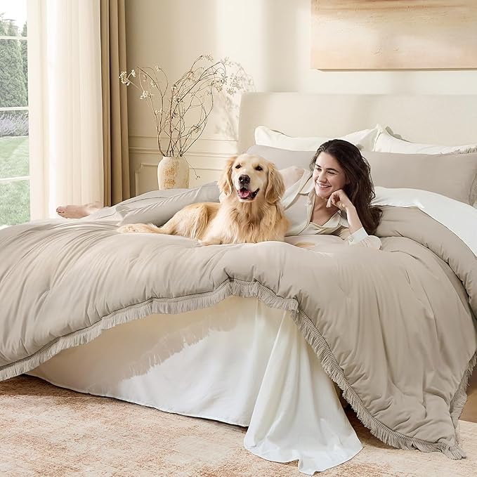 Andency Comforter Set Oversized King Oatmeal 120x120, 3 Pieces Boho Fall Tassel - Image 3