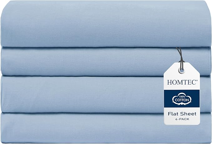 Full Size Flat Sheet 4 Pack, 100% Cotton Percale Flat Bed Sheet, Breathable & by HOMTEC