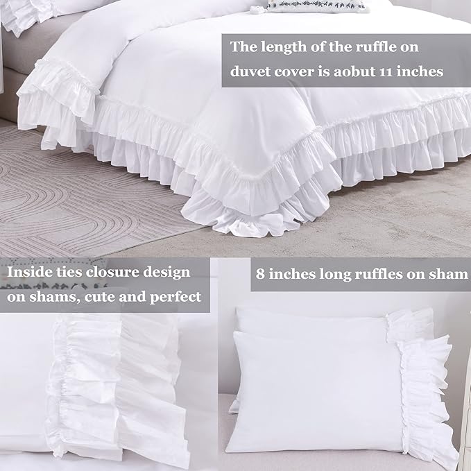 QSH Ruffle White Duvet Cover King Size-Washed Cotton Shabby Farmhouse Chic - Image 4