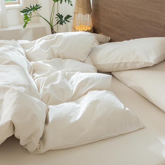 MooMee Striped Duvet Cover Set 100% Washed Cotton Linen Like Textured - Image 8
