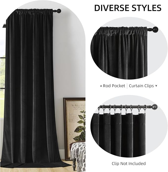 Joydeco Black Velvet Curtains 90 inch Length 2 Panels, Luxury Blackout Rod - Image 2