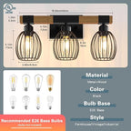 3-Light Farmhouse Bathroom Vanity Light Fixtures, Rustic Wood Bathroom Light - Image 2