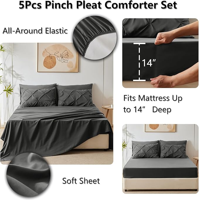 CozyLux Twin XL Comforter Set Dark Grey, 5 Pieces Twin Extra Long Pintuck Bed - Image 6