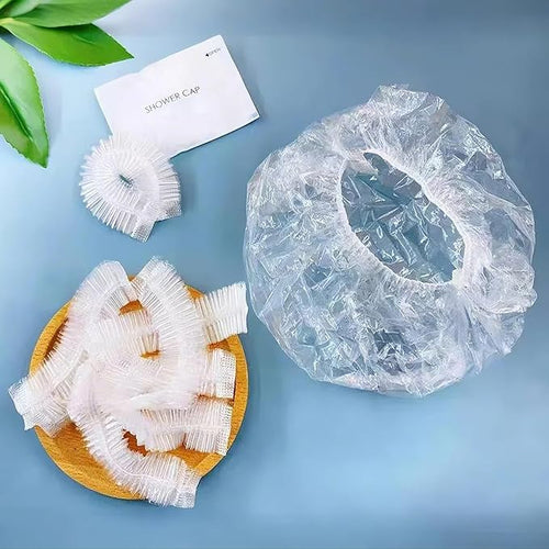 100PCS Disposable Shower Caps, Plastic Clear Hair Cap Large Thick Waterproof - Image 2
