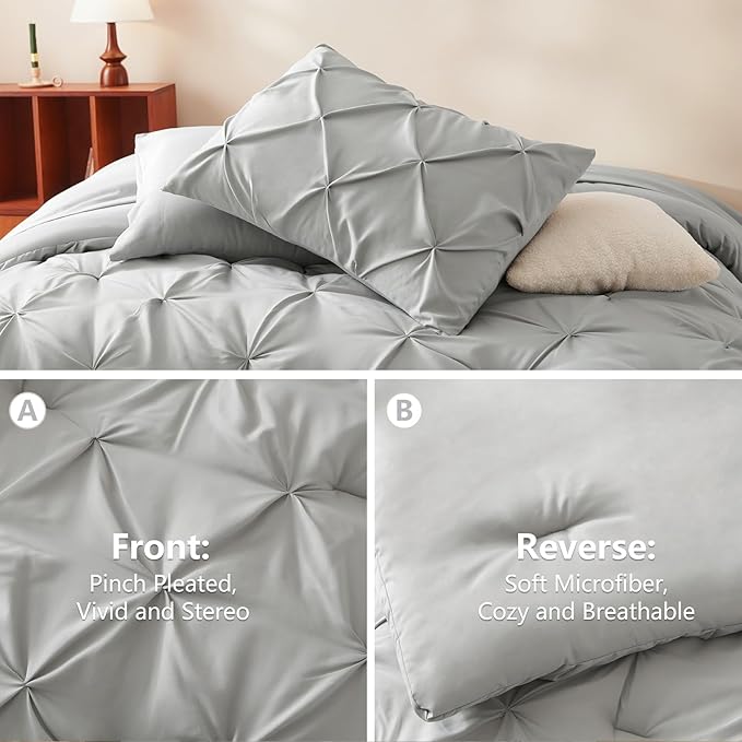 CozyLux Full Size Comforter Sets Light Grey, 7 Pieces Pintuck Bed in A Bag Gray - Image 3