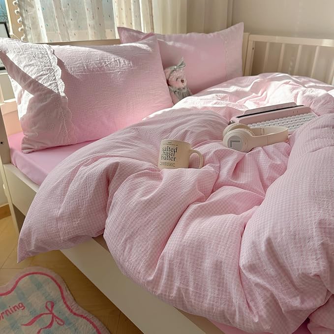 mixinni Pink Gingham Duvet Cover Twin Size by mixinni
