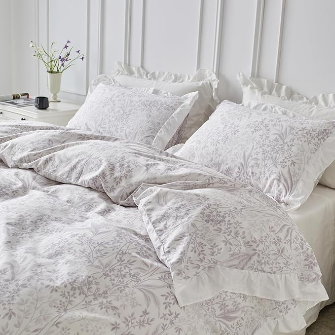 SUSYBAO Purple White Floral Duvet Cover Queen 100% Cotton 3 Pcs Set 1 White - Image 2