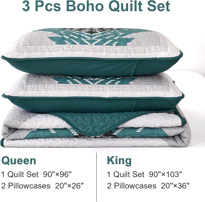 Dintszyayue Boho Quilt Set King 3 Pieces Teal Aztec Texture Bedspread Coverlet - Image 7