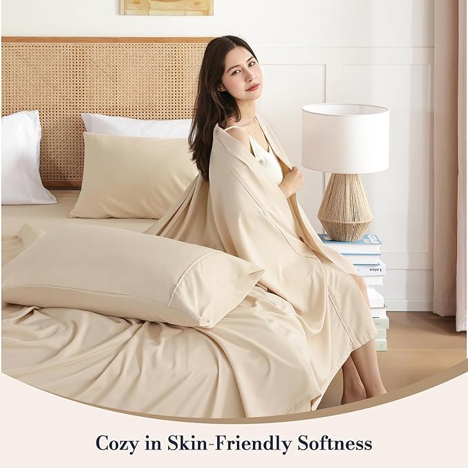 Queen Sheet Set 4 Pieces, Wrinkle Free, Oeko-Tex Certified Bedsheets，Cream - Image 2