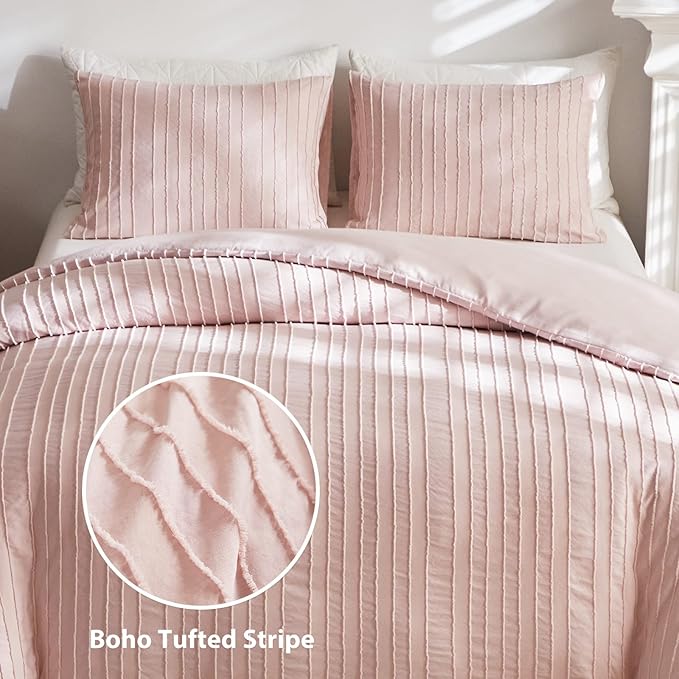 WARMDERN Pink Tufted Duvet Cover Set Queen Size, Striped Textured Duvet Cover - Image 2