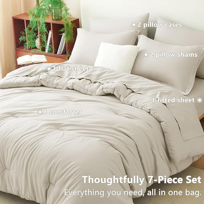 CozyLux Queen Comforter Set Beige, 7 Pieces Bed in a Bag Queen Comforter Set - Image 6