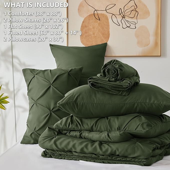 CozyLux Queen Comforter Set Olive Green, 7 Pieces Pintuck Bed in A Bag - Image 7