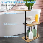3 Layer Bath Tub Tray Table Liftable Freestanding Bamboo Bath Tray Caddy - Image 4