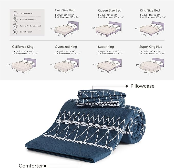Andency Navy Oversized King Quilt Set, 3 Pieces Boho Lightweight Soft Striped - Image 6