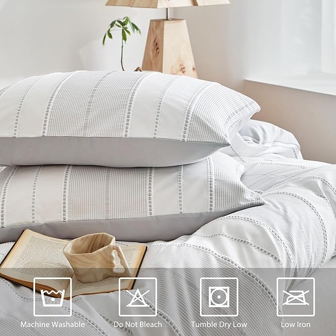 WARMDERN Light Grey Striped Weave Duvet Cover Queen Size, Microfiber Textured - Image 4