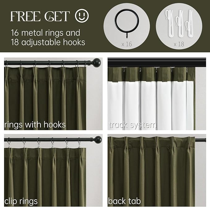Topfinel Olive Green 102 Inches Long Custom Blackout Linen Curtains, Pinch - Image 3