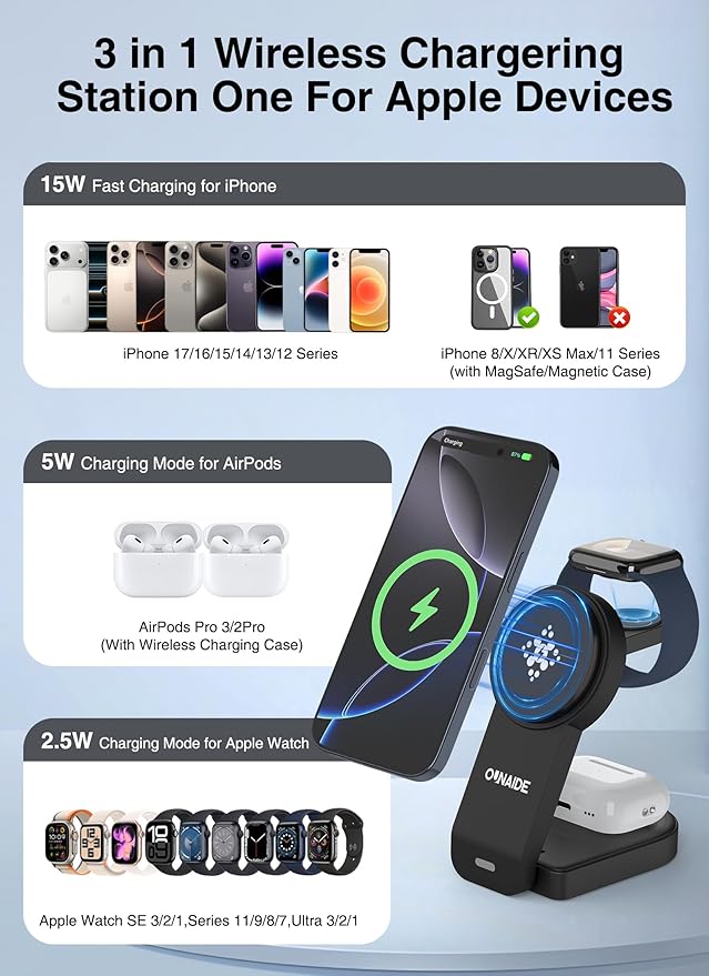 3-in-1 Charging Station for Apple MagSafe Charger, Foldable Wireless Charging - Image 3