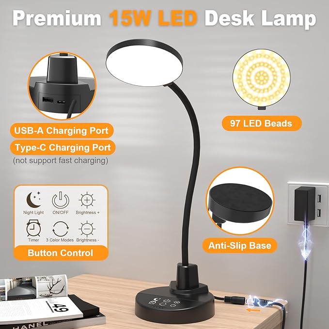 15W LED Desk Lamp with USB Charging Ports – Dimmable Table Lamp with 3 Color - Image 8