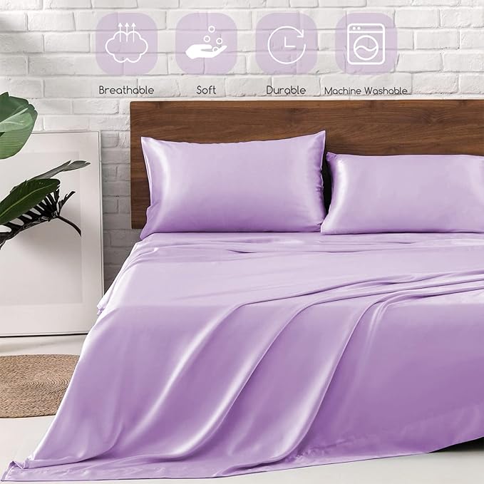 MR&HM Satin Bed Sheets with Elastic Corner Straps, Full Size Sheets Set - Image 5