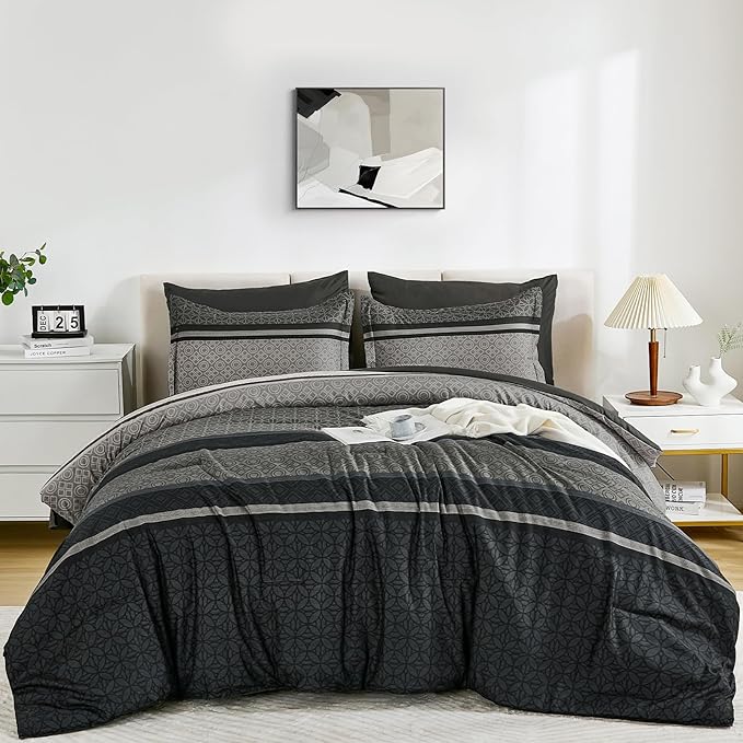 WONGS BEDDING 7 Pieces Comforter Set Queen Size, Dark Grey Black Striped Bed in - Image 9