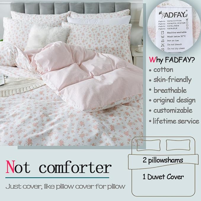 FADFAY Queen Duvet Cover Set Pink Floral Comforter Cover 100% Cotton Girls Pink - Image 2
