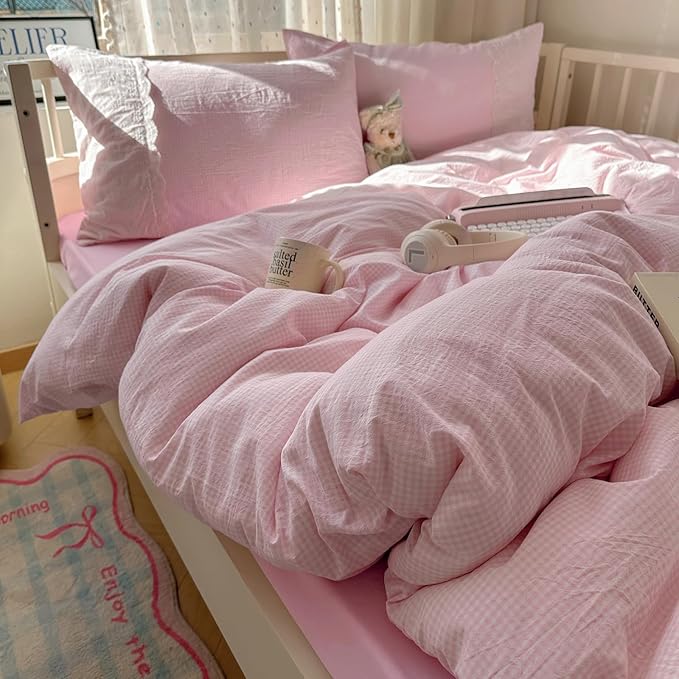 mixinni Pink Gingham Duvet Cover King Size - Image 8