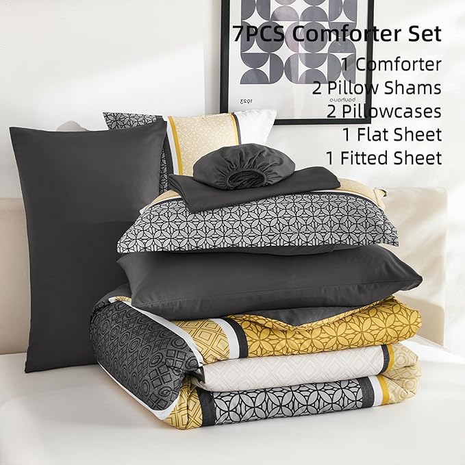 WONGS BEDDING Yellow Grey King Comforter Set 7 Pieces, Boho Striped Bed in a - Image 6
