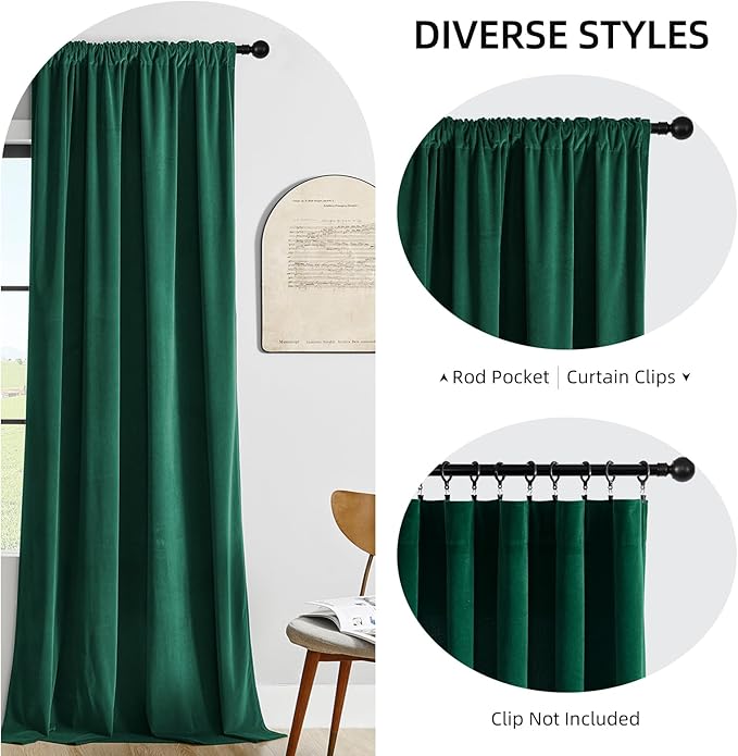 Joydeco Dark Green Velvet Curtains 96 inch Length 2 Panels Burg Set, Luxury Rod - Image 2