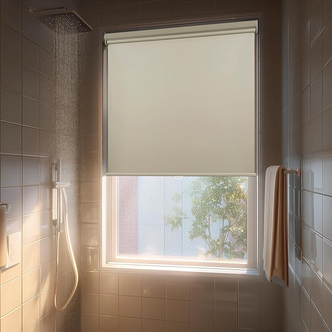 HESTIA No Drill Cordless Blackout Roller Shades Screwless Waterproof Shower by HESTIA