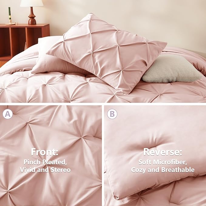CozyLux King Size Comforter Set Peach Pink, 7 Pieces Pintuck Bed in A Bag Pink - Image 3