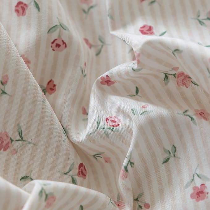 mixinni White Flower Pattern Duvet Cover Queen Cottage Pink Floral Stripes - Image 4