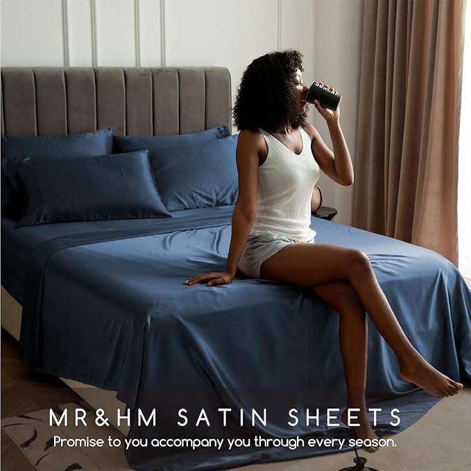 MR&HM Satin Bed Sheets with Elastic Corner Straps, Queen Size Sheets Set - Image 5