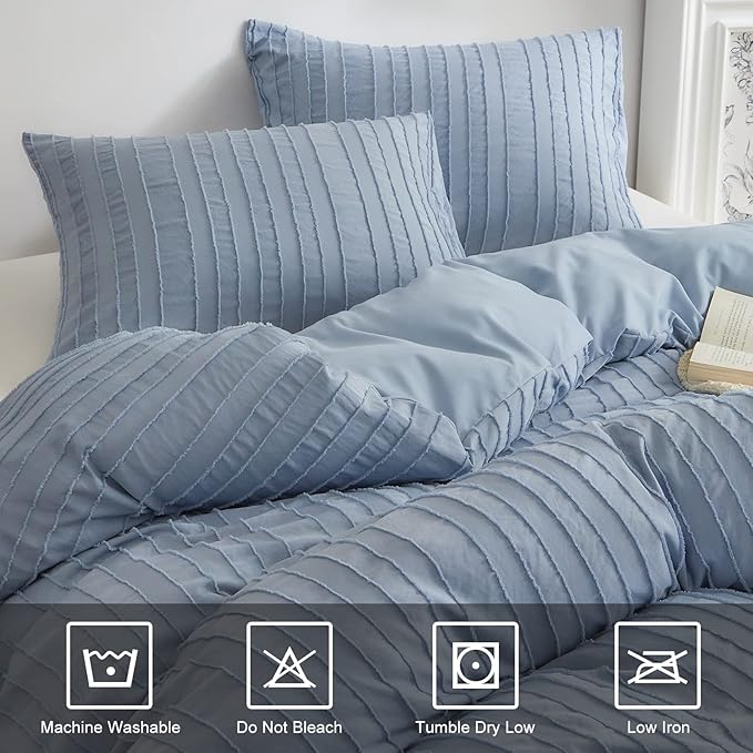 WARMDERN Blue Tufted Duvet Cover Set Queen Size, Striped Textured Duvet Cover - Image 7