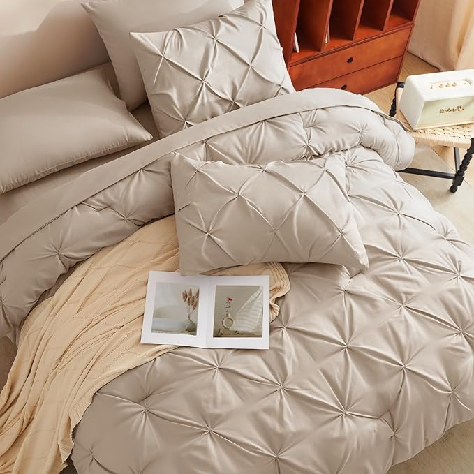 CozyLux King Size Comforter Set Wheat, 7 Pieces Pintuck Bed in A Bag Wheat - Image 7
