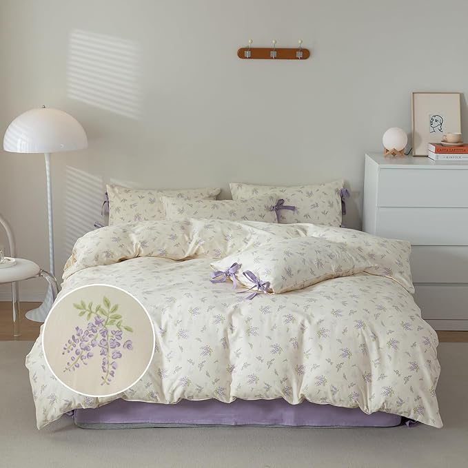 mixinni Lavender Flower Duvet Cover Queen Cotton Teenage Girls Flower Leaf - Image 2