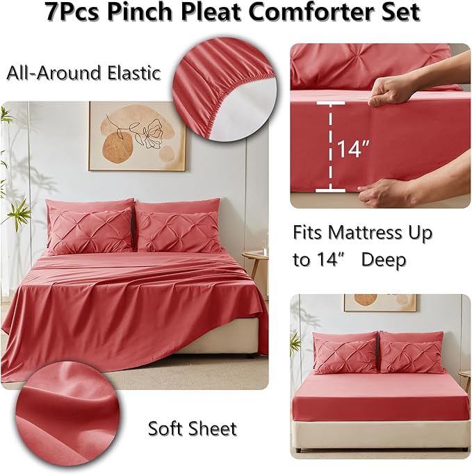 CozyLux Full Size Comforter Sets Coral, 7 Pieces Pintuck Bed in A Bag Coral - Image 5