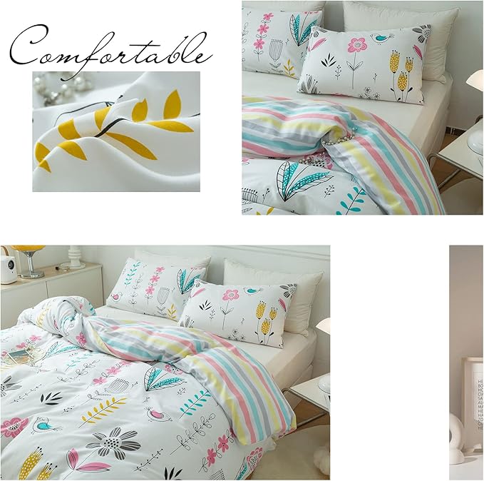 mixinni Flowers Duvet Cover for Teenage Girls Queen Size Floral Leaf Printed - Image 7