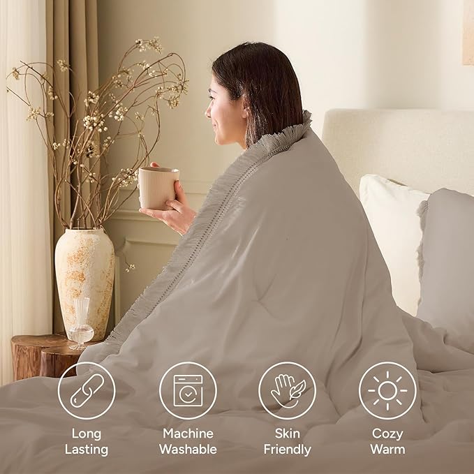 Andency King Size Comforter Set Khaki, 3 Pieces Boho Soft Lightweight Bedding - Image 3