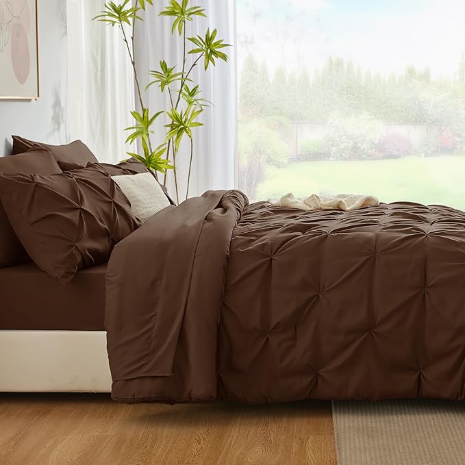 CozyLux Queen Comforter Set Brown, 7 Pieces Pintuck Bed in A Bag, Premium Brown - Image 9
