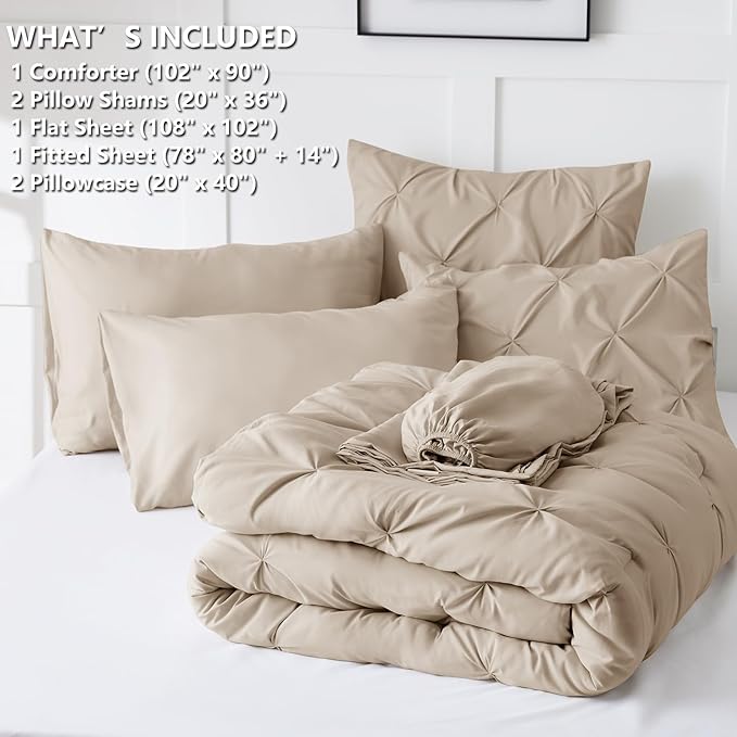 CozyLux King Size Comforter Set Wheat, 7 Pieces Pintuck Bed in A Bag Wheat - Image 6