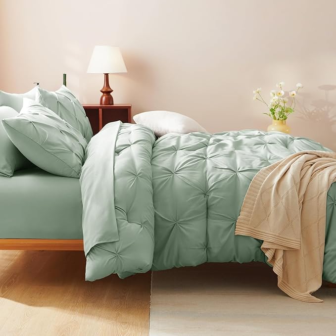 CozyLux King Size Comforter Set Sage Green, 7 Pieces Pintuck Bed in A Bag Green - Image 9