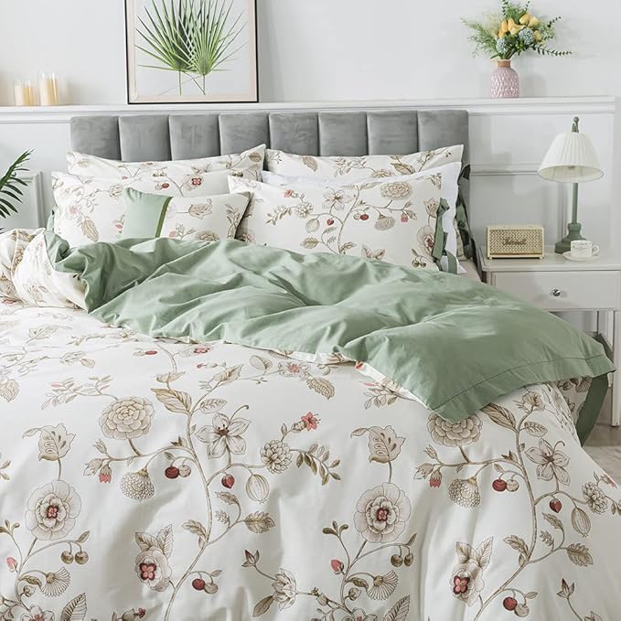 FADFAY Floral Bedding Set Queen 100% Cotton Shabby and Chic Beige Green - Image 8