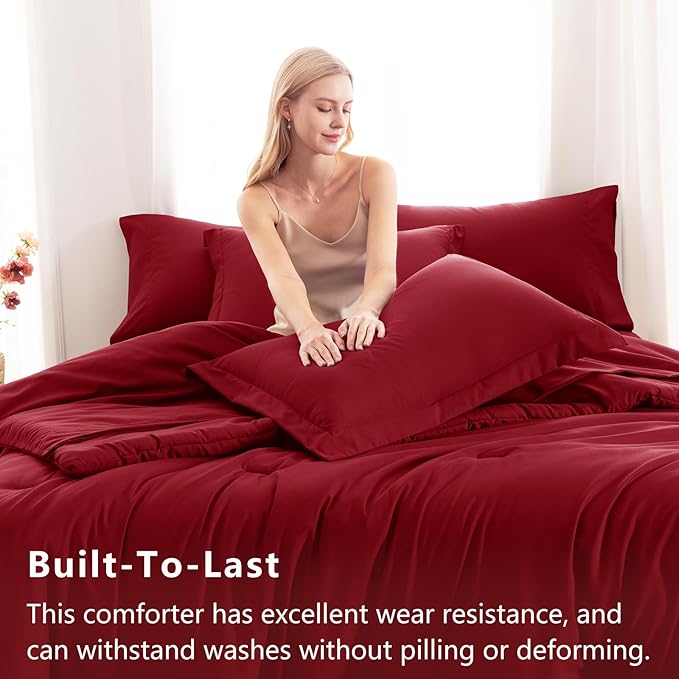 CozyLux Queen Comforter Set Dark Red, 7 Pieces Bed in a Bag Queen Comforter Set - Image 3