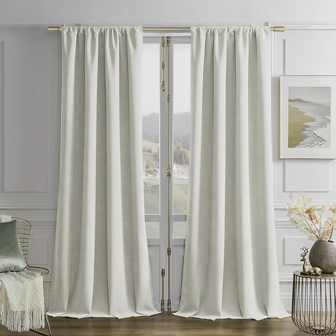 Joydeco Vanilla Grey Velvet Curtains 96 Inches 2 Panels, Luxury Thermal by JOYDECO