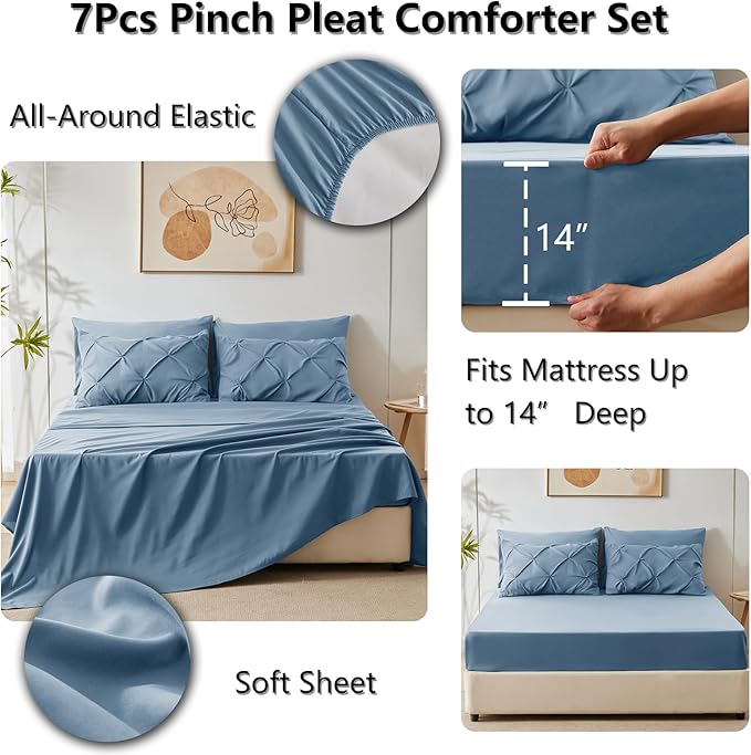 CozyLux Full Size Comforter Sets Grayish Blue, 7 Pieces Pintuck Bed in A Bag - Image 5