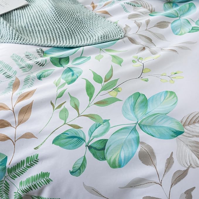 FADFAY Botanical Duvet Cover Sets Twin Size 100% Cotton Teal Green Leaves - Image 7