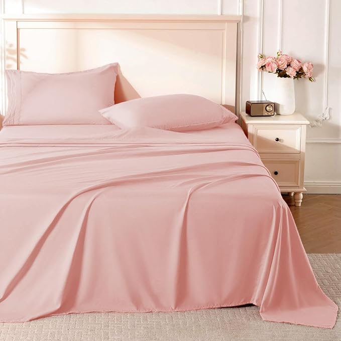 ROSE&RISY Pink Sheet Set, 4 Pieces Soft Bedding Queen Sheet Set, Breathable and by ROSERISY